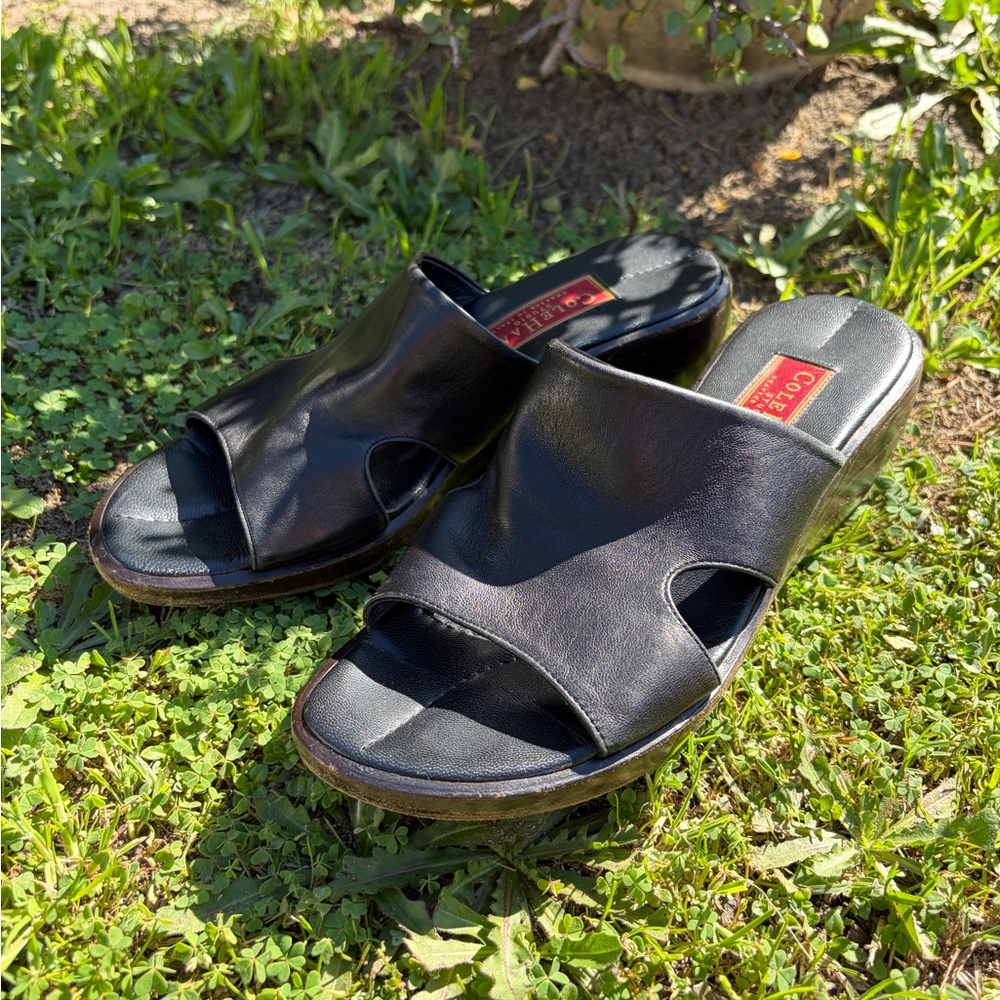 vintage cole haan studio 8.5 leather/wood cutout wedge sandals